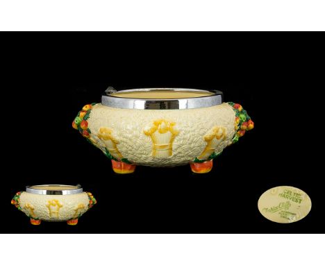 Clarice Cliff Handpainted Celtic Harvest Pattern Chrome Mounted Footed Bowl Circa 1930's from the Barbola range, in first qua