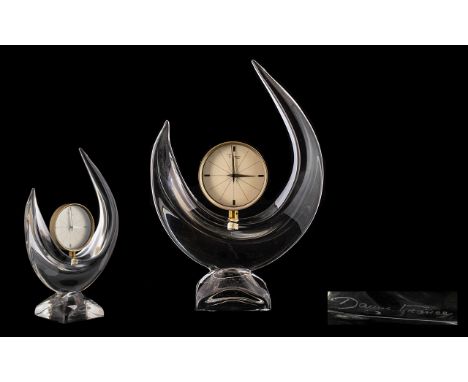 Daum Mid Century Moulded Crystal Crescent Form Clock Raised on square base, the chromed clock swivel mounted with silvered di