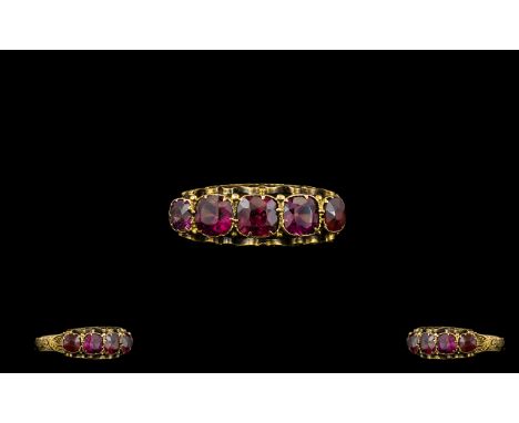 Victorian Period 15ct Gold Very Attractive 5 Stone Fire Ruby Set Ring, Lovely Setting. Marked 625 - 15 ct Gold. Ring Size - L