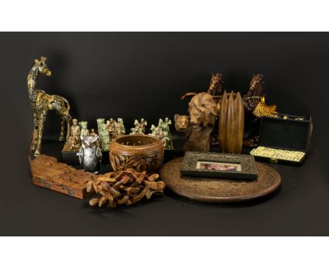 A Mixed Collection of Carved Decorative Figures and Collectables to include a small folding Anglo Indian table with carved tr