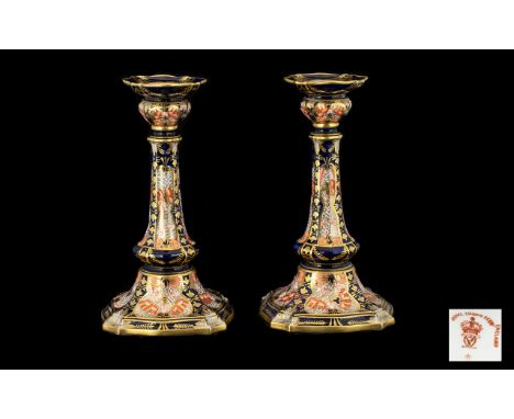 Royal Crown Derby Very Fine Pair of Imari Pattern Candlesticks - of pleasing form and colour. Date mark for 1914. Each candle