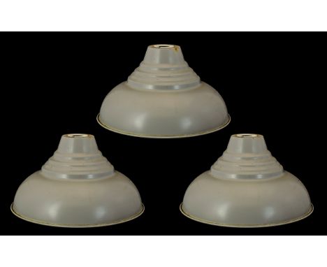 3 RETRO INDUSTRIAL LAMP SHADES. Grey and White enamel, 12 inches in diameter, please see accompanying image.