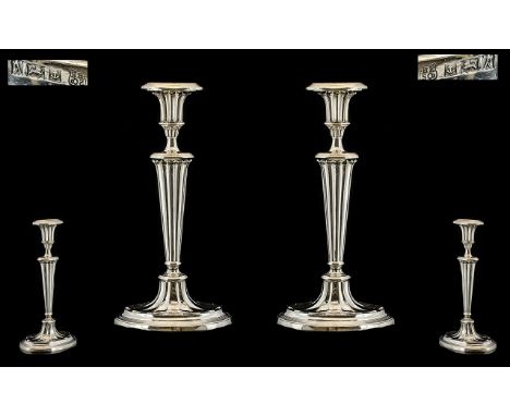 Queen Elizabeth - Superb Quality Pair of Solid Silver Regency Style Candlesticks of Wonderful Form / Shape. Tapered Columns o