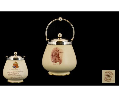 Moorcroft Macintyre Biscuit Barrel. Antique, from Boer War.  One side shows a verse by  Rudyard Kipling 'The Absent Minded Be
