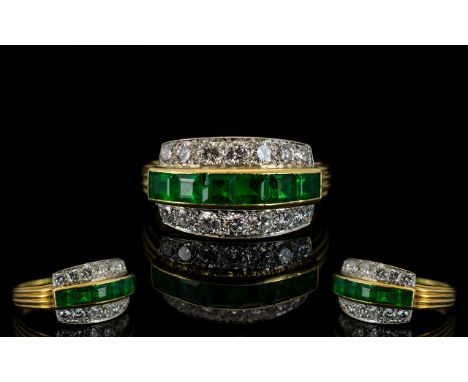 Ladies - Superb Quality 18ct Gold and Platinum Emerald and Diamond Set Dress Ring, From The 1950's Period. The Seven Step-cut