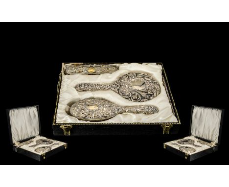 Ladies - Mid 20th Century Boxed Deluxe 4 Piece Silver Backed Vanity Set, Includes Hand Mirror, Hand Brush, Brush and Comb. Al