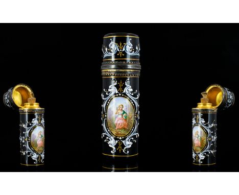 Limoges 19th Century Superb Quality Enamel And Silver Scent Flask Wonderful cylindrical perfume bottle complete with original