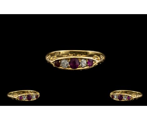 Antique Period 18ct Gold - Very Attractive Ruby and Diamond Set Dress Ring, The Rubies and Diamonds of Wonderful Colour. Bloo