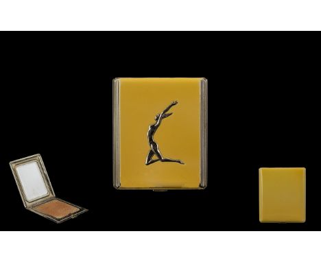 Art Deco Period Superb Quality White Metal and Yellow Enamel Ladies Hinged Compact, In The True Art Deco Lines / Designs. The