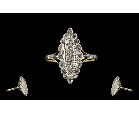 18ct Gold - Marquise Shaped Diamond Set Dress Ring of the 1920's Period, Pleasing Shape. The Diamonds of Good Colour and Clar