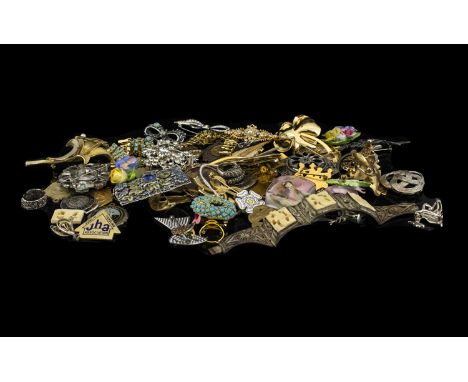 A Mixed Collection Of Costume Jewellery Comprising mostly brooches to include marcasite set, paste set, ceramic posy brooches