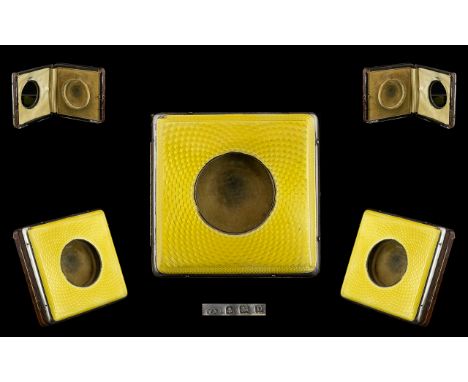 Travellers - Silver and Yellow Enamel Fitted Pocket Watch Case / Stand with Tan Leather Back and Splat. The Yellow Enamel of 