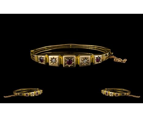 Edwardian Period - Attractive 9ct Gold Ruby and Diamond Set Hinged Bangle with Attached 9ct Gold Safety Chain, Both Marked 9c