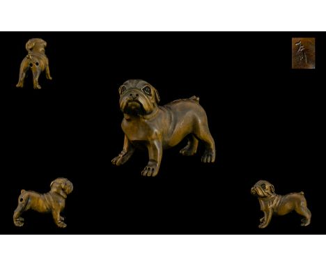 Japanese Early 20thC Carved Boxwood Netsuke of a Bulldog/Pug in a standing position. Signed to underside of figure, 2 inches 
