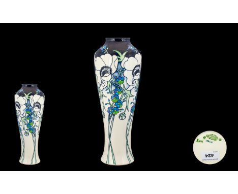 Moorcroft Ltd Edition Modern Trial Vase - tall style sided floral of tapered form and pleasing appearance. 'White Splendour' 