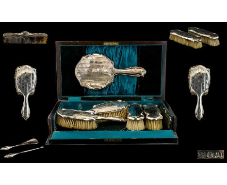 Ladies Deluxe - Boxed Solid Mahogany Top Quality - 8 Piece Silver Vanity Set. Comprises Hand Mirror, Hand Brushes, Comb, Shoe