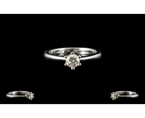 18ct White Gold - Top Quality Single Stone Diamond Ring, The Round Brilliant Cut Diamond of Excellent Colour / Clarity. Est D