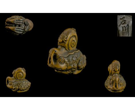 Japanese Late 19thC Novelty Carved Boxwood Netsuke of a snail sitting on the back of a frog, Signed to underside of figure. 2
