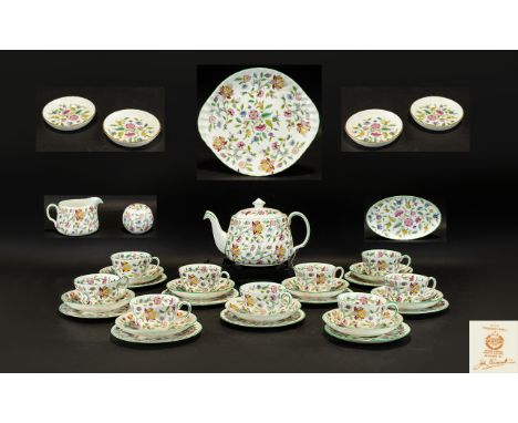 Minton 'Haddon Hall' Tea Service comprises Tea Pot, Milk Jug, Sugar Bowl, 9 Teacups, Saucers and Side Plates, Large Sandwich/