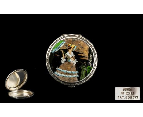 Art Deco Period Nice Quality Circular Silver Hinged Compact with Hand Painted Images of the Crinoline Lady with Parasol Stand