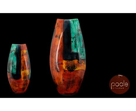 Jane Brewer Poole Art Pottery Large Agean Vase 1970's tall flattened ovoid form vase in abstract paintstroke glaze in red, bl