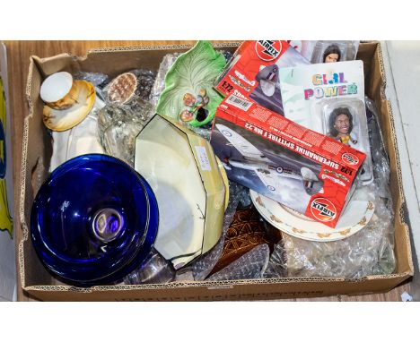 A Mixed Box Of Collectibles To include two blister pack Spice Girls figures, two Airfix Spitfire kits, Shelley 1930's lustre 
