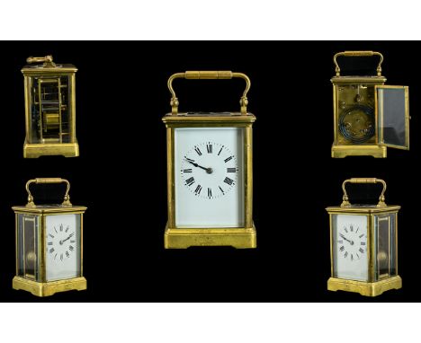 English - Late 19th Century Large Brass Carriage Clock 8 Day Striking on a Gong Movement, Visible Lever Platform Escapement, 