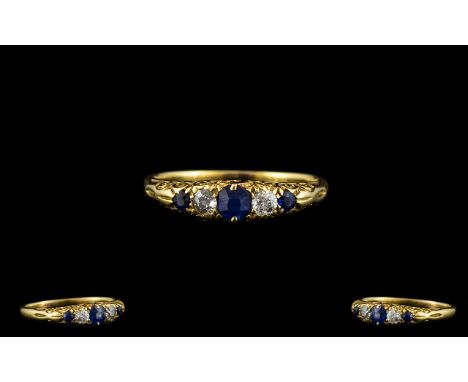 Antique Period - Petite / Attractive 18ct Gold 5 Stone Sapphire and Diamond Ring, Gypsy Setting. Diamonds and Sapphires of Go