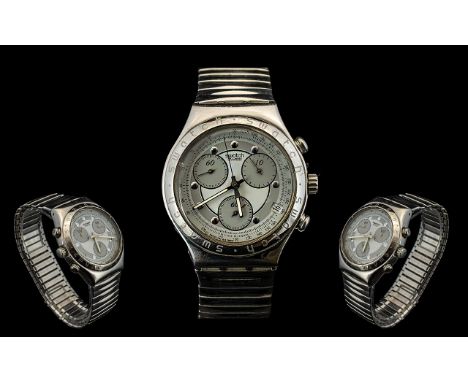 Swatch - Irony High Precision Steel Chronograph Gents Wrist Watch. Date 1995. Features an Integral Expanding Steel Bracelet, 