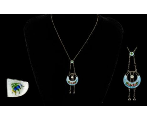 Charles Horner Silver And Enamel Art Nouveau Pendant And Chain Fully hallmarked Chester 1909, the pendant of circular form wi
