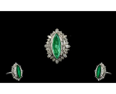 Art Deco 18ct White Gold Superb Quality Marquise Shaped Emerald and Diamond Set Dress Ring, Set with Round Brilliant Cut and 