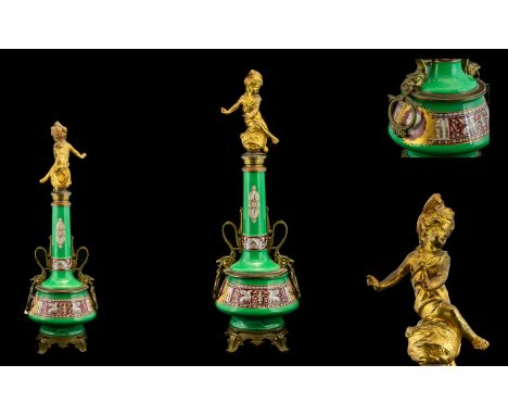 French Empire - Impressive and Decorative Tall Gilt Bronze and Painted Ceramic Center Piece / Column. With Gilt Bronze Figura