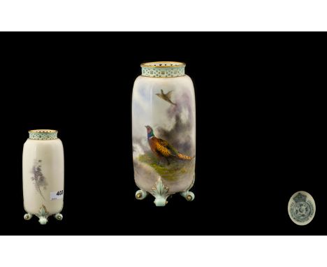 Royal Worcester Hand Painted and Signed 4 Footed Reticulated Small Vase ' Pheasants In a Woodland Setting ' Signed James Stin