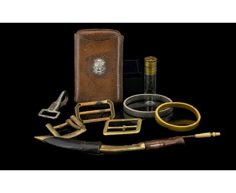 Antique Leather Cigar Pouch Of typical form in tan textured leather with slide cover, silver tone monogramme to front 'HS' To