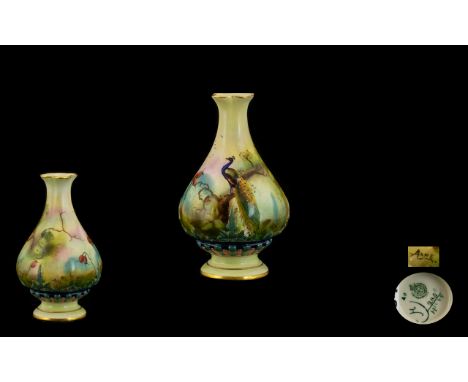 Royal Worcester James Hadley Signed and Hand Painted Small Vase ' Peacock In a Woodland Setting ' Birds Flying Above. Signed 