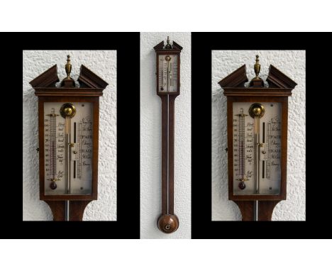 19thC Cross Banded Mahogany and Boxwood Strung Stick Barometer, mercury driven and  measuring 10 cms wide and 96 cms high.