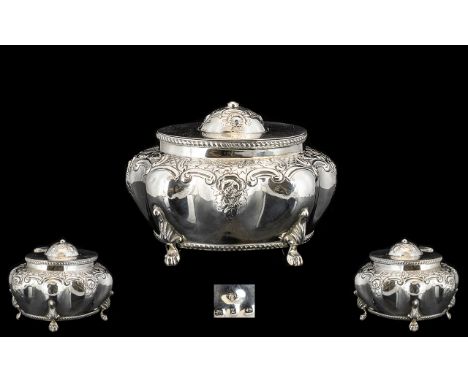 English Late 19th Century Superb Quality Sterling Silver Lidded Tea Caddy of Wonderful Proportions / Form with Embossed Decor