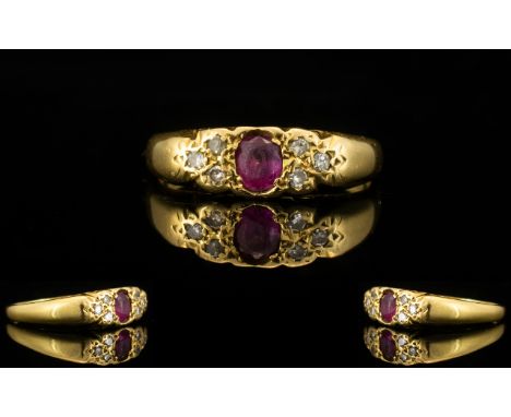 Antique Period - Nice Quality and Attractive 18ct Gold Ruby and Diamond Dress Ring. Fully Hallmarked. The Ruby of Excellent C