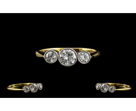 18ct Gold and Platinum Ladies 1920's Period Superb Quality 3 Stone Diamond Ring, Pave Setting. The Diamonds of Top Colour and