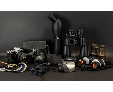 A Collection of Cameras and Binoculars. To include an Olympus 35mm in canvas case, with Macro lens, a pair of 12 x 25 T-IR Fi