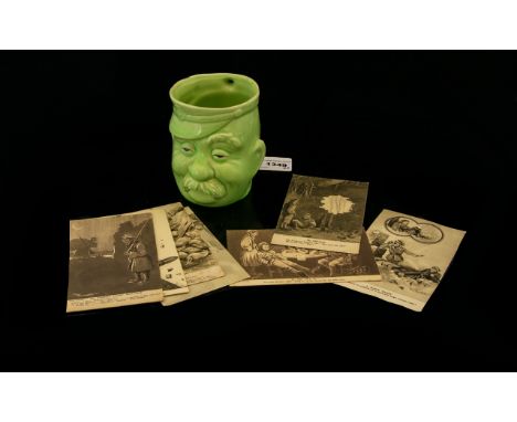 WWI Interest 'Old Bill' By Bruce Bairnsfather Novelty Glazed Ceramic Mug And Small collection Of Postcards Mint green glazed 