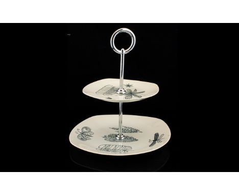 Midwinter 'Nature Study` 2 Tier Cake Stand.  Attractive and decorative cake stand with two-tiers, in a white ground with a gr