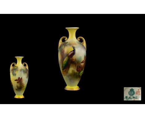 Royal Worcester Hadley Ware Small Twin Handle Hand Painted Vase Of urn form with gilt scroll handles, cream ground with hand 