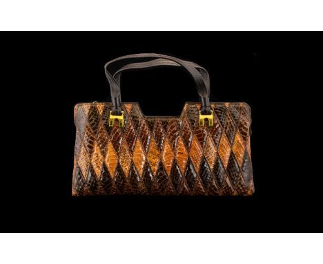 Jane Shilton Vintage Reptile Leather Bag top handle bag with diamond patch work, toppedstitched patent leather front, zip clo