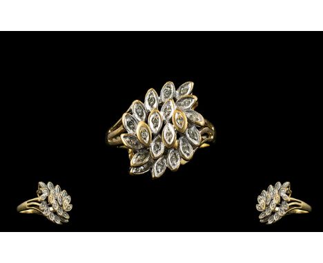 Ladies 9ct Yellow Gold Diamond Set Dress Ring, Flower Spray Design. Marked 9.375 Gold. Ring Size M - N. 3.2 grams. Please See