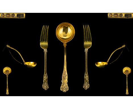 Mappin &amp; Webb Superb Quality Large Silver Gilt Ladle with matching pair of large serving forks.  All in as new condition.