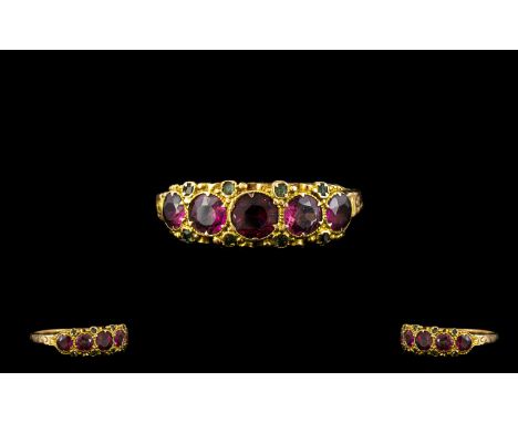 Mid Victorian Period - 15ct Gold Attractive 5 Stone Fire Rubies Set Dress Ring, Wonderful Design / Setting. The Fire Rubies o