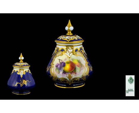 Royal Worcester Hand Painted Covered Pot By Richard Sebright circa 1909 painted with a central cartouche of fruit and blossom