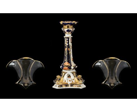 An Imari Style Ceramic Candlestick Ceramic candle holder of square column form, the whole decorated in cobalt blue, iron red 