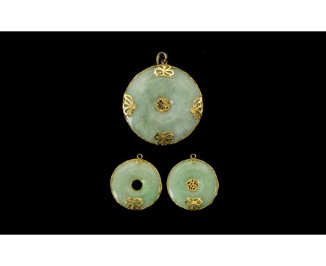 A Matched Set of 3 9ct Gold Mounted Jade Pendants of Circular Form, Embellished with 9ct Ornate Gold Decoration to Borders of